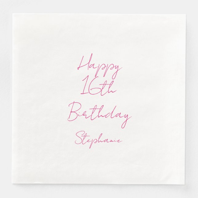 Happy 16th Birthday Pink White Sixteenth 2024 Paper Dinner Napkins (Front)