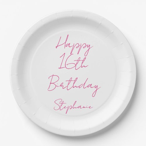 Happy 16th Birthday Pink White Sixteenth 2024 Paper Plates