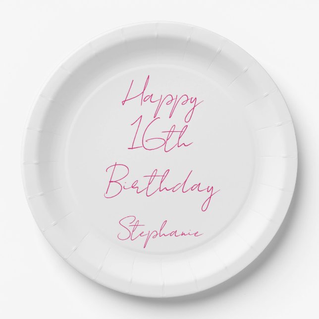 Happy 16th Birthday Pink White Sixteenth 2024 Paper Plates (Front)