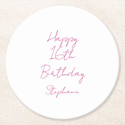 Happy 16th Birthday Pink White Sixteenth 2024 Round Paper Coaster