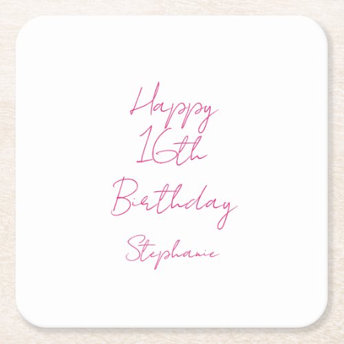 Happy 16th Birthday Pink White Sixteenth 2024 Square Paper Coaster