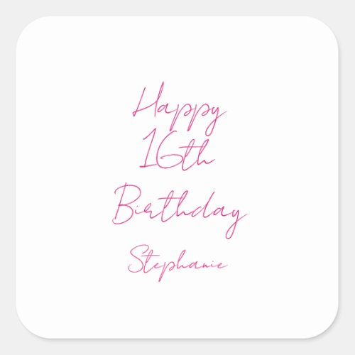 Happy 16th Birthday Pink White Sixteenth 2024 Square Sticker