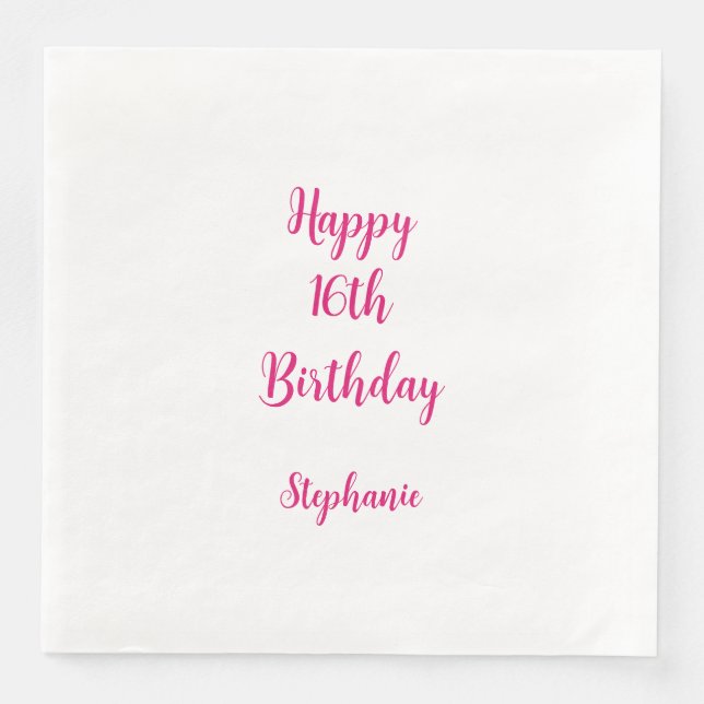 Happy 16th Birthday Pink White Sixteenth 2025 Paper Dinner Napkins (Front)