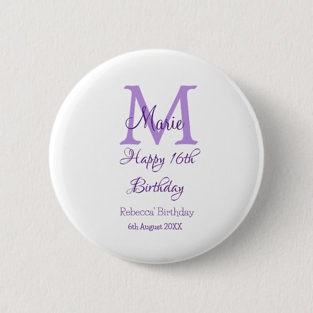 Happy 16th Birthday purple add name monogram moder Button (Front)