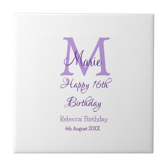Happy 16th Birthday purple add name monogram moder Ceramic Tile (Front)