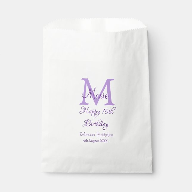 Happy 16th Birthday purple add name monogram moder Favor Bag (Front)