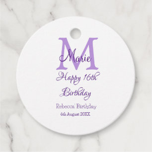 Happy 16th Birthday purple add name monogram moder Favor Tags