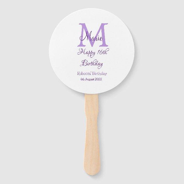 Happy 16th Birthday purple add name monogram moder Hand Fan (Front)