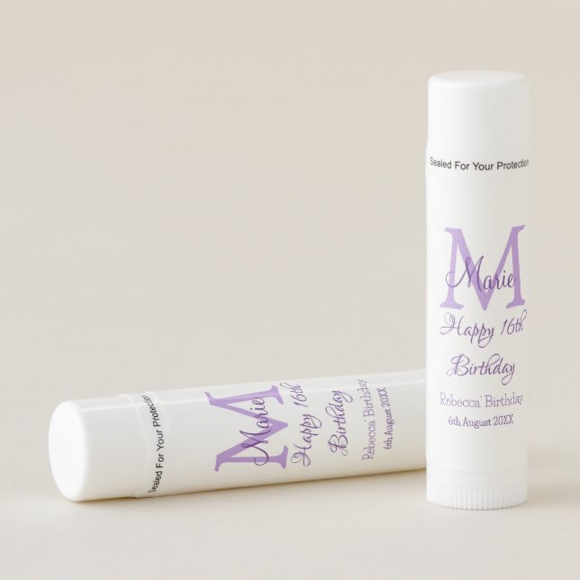 Happy 16th Birthday purple add name monogram moder Lip Balm (Front)