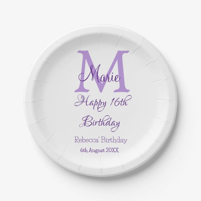 Happy 16th Birthday purple add name monogram moder Paper Plates (Front)