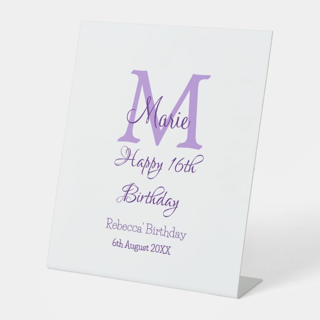 Happy 16th Birthday purple add name monogram moder Pedestal Sign (Front)