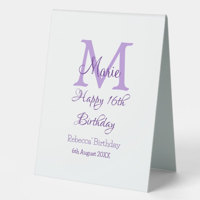 Happy 16th Birthday purple add name monogram moder Table Tent (Front)