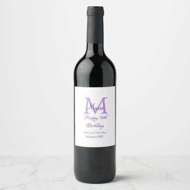 Happy 16th Birthday purple add name monogram moder Wine Label (Front)