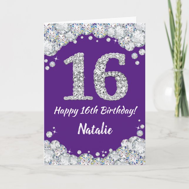 Happy 16th Birthday Purple and Silver Glitter Card (Front)