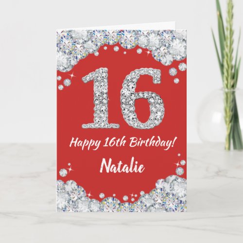 Happy 16th Birthday Red and Silver Glitter Card