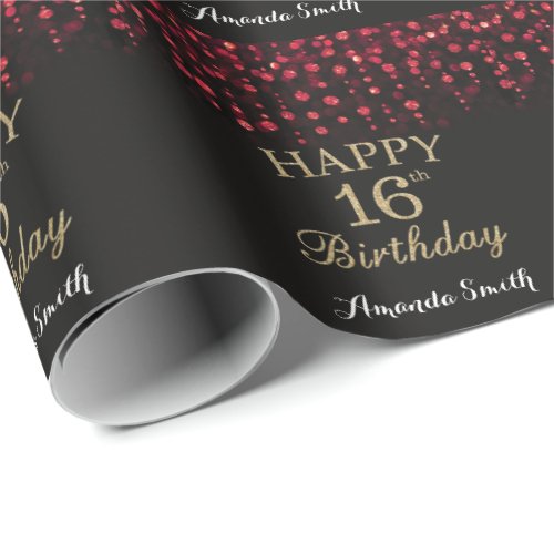 Happy 16th Birthday Red Black and Gold Glitter Wrapping Paper