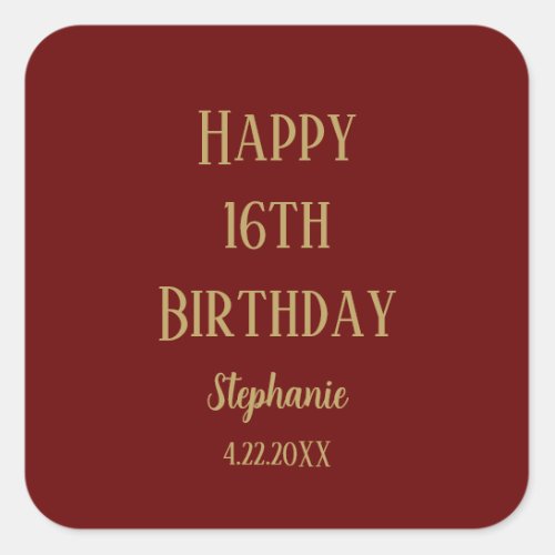 Happy 16th Birthday Sixteen Gold Burgundy Red Cute Square Sticker