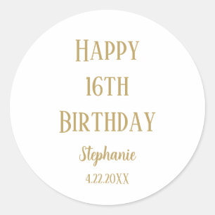 Happy 16th Birthday Sixteen Gold Custom Age Name Classic Round Sticker