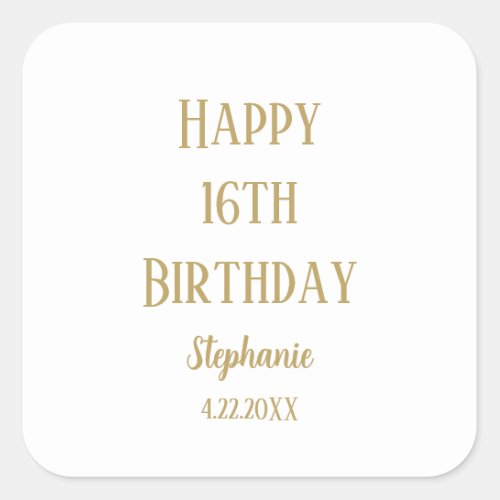 Happy 16th Birthday Sixteen Gold Custom Age Name Square Sticker