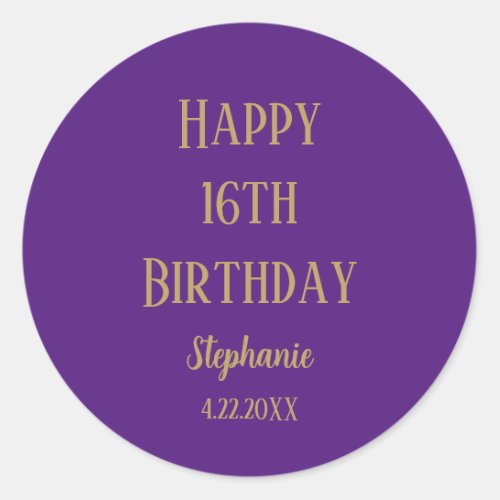 Happy 16th Birthday Sixteen Gold Purple Custom Age Classic Round Sticker