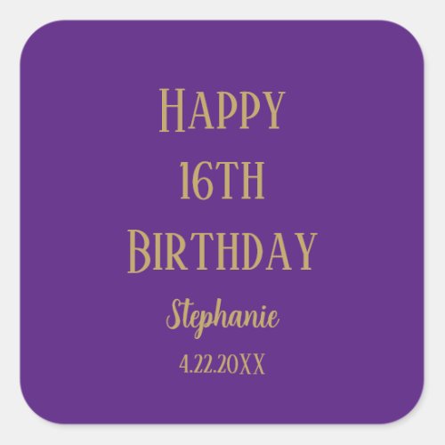Happy 16th Birthday Sixteen Gold Purple Custom Age Square Sticker