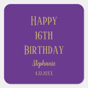 Happy 16th Birthday Sixteen Gold Purple Custom Age Square Sticker