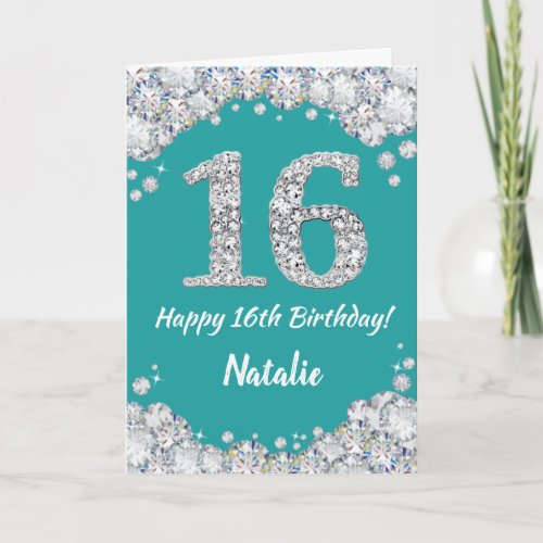 Happy 16th Birthday Teal and Silver Glitter Card