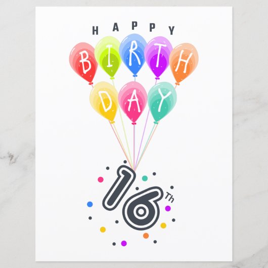 Happy 16th Birthday With Colorful Balloons (Front)
