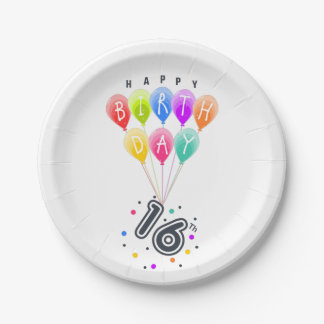 Happy 16th Birthday With Colorful Balloons Paper Plates