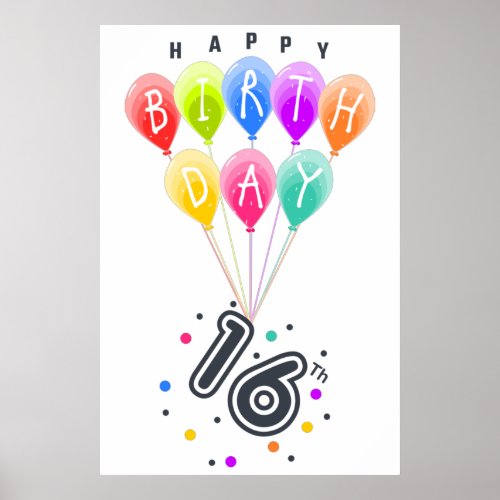 Happy 16th Birthday With Colorful Balloons Poster