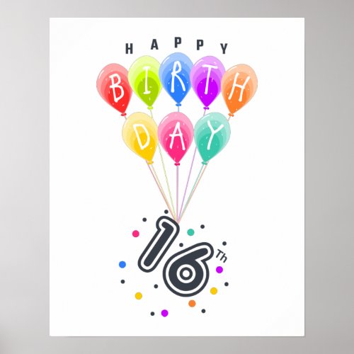 Happy 16th Birthday With Colorful Balloons  Poster