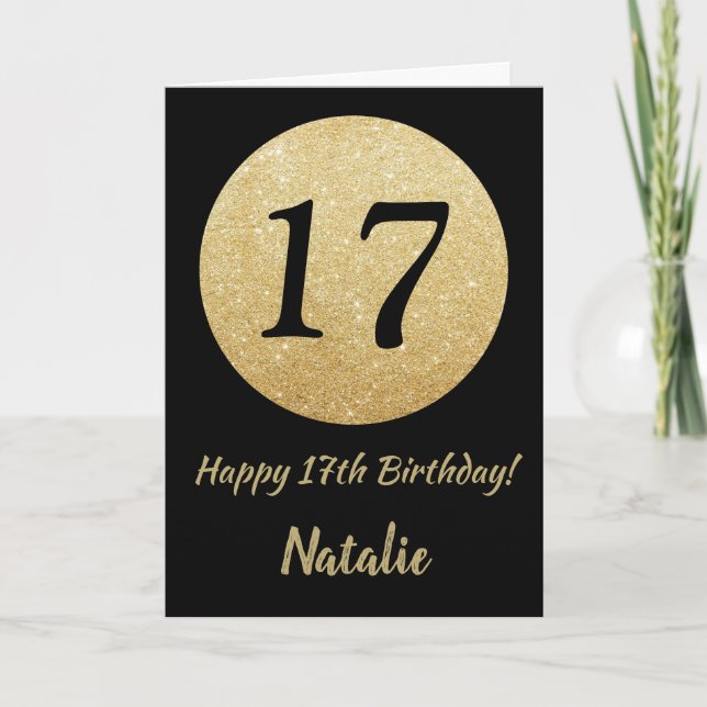 Happy 17h Birthday Black and Gold Glitter Card (Front)