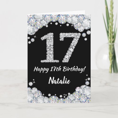 Happy 17th Birthday Black and Silver Glitter Card