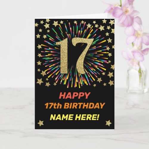 Happy 17th Birthday Black  Gold Rainbow Firework Card