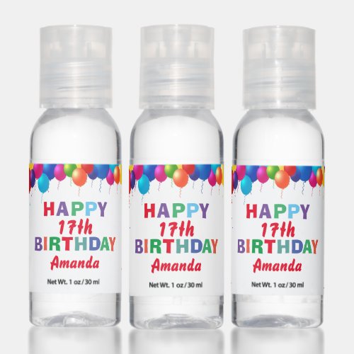 Happy 17th Birthday Colorful Balloons Confetti Hand Sanitizer