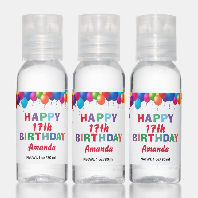 Happy 17th Birthday Colorful Balloons Confetti Hand Sanitizer (Set)