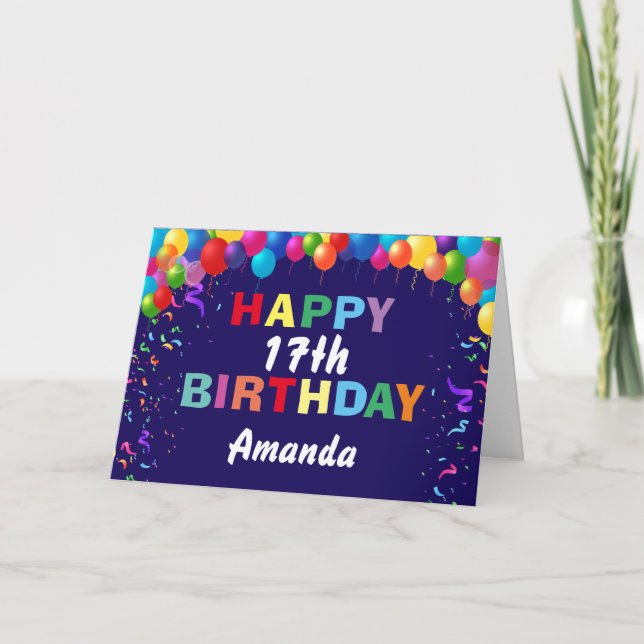 Happy 17th Birthday Colorful Balloons Navy Blue Card (Front)