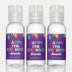 Happy 17th Birthday Colorful Balloons Purple Hand Sanitizer