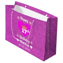 Happy 17th Birthday Gold Crown Pink Glitter Custom Large Gift Bag
