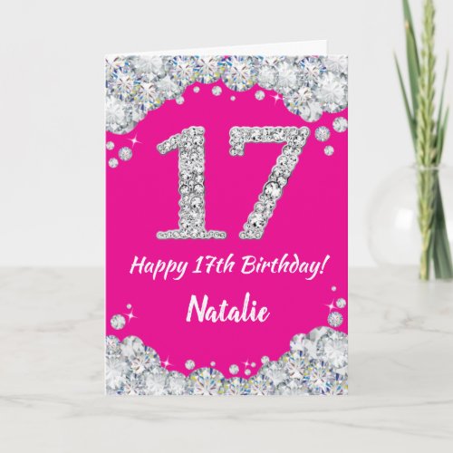 Happy 17th Birthday Hot Pink and Silver Glitter Card