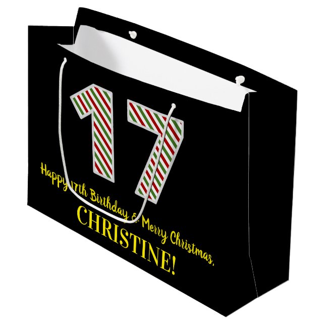 Happy 17th Birthday & Merry Christmas, Custom Name Large Gift Bag (Front Angled)