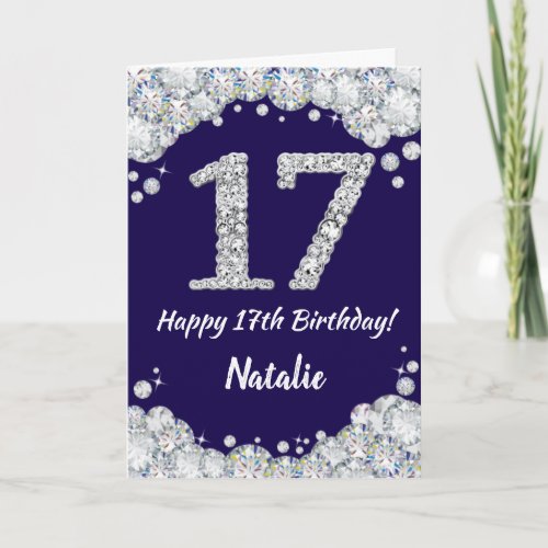 Happy 17th Birthday Navy Blue and Silver Glitter Card