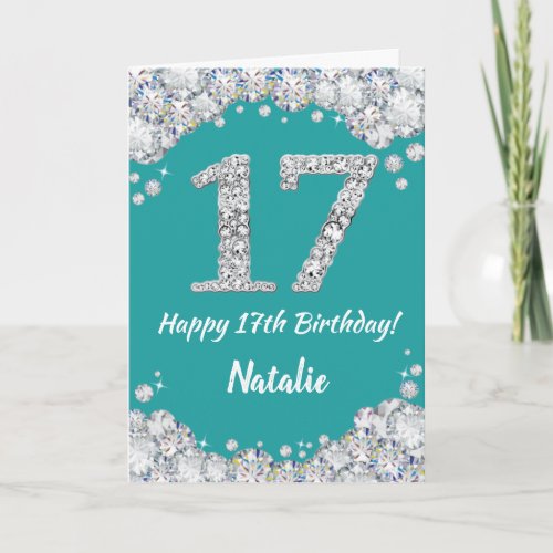 Happy 17th Birthday Teal and Silver Glitter Card