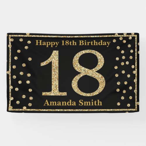 Happy 18th Birthday Banner Black and Gold Glitter
