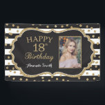 Happy 18th Birthday Banner. Gold Glitter Photo Banner<br><div class="desc">Happy 18th Birthday Banner for women or man. Black and Gold Birthday Party Banner. Gold Glitter Confetti. Black and White Stripes. Printable Digital. For further customization,  please click the "Customize it" button and use our design tool to modify this template.</div>