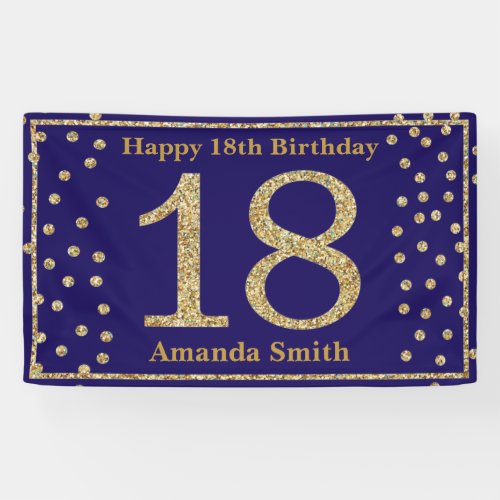 Happy 18th Birthday Banner Navy Blue Gold Glitter