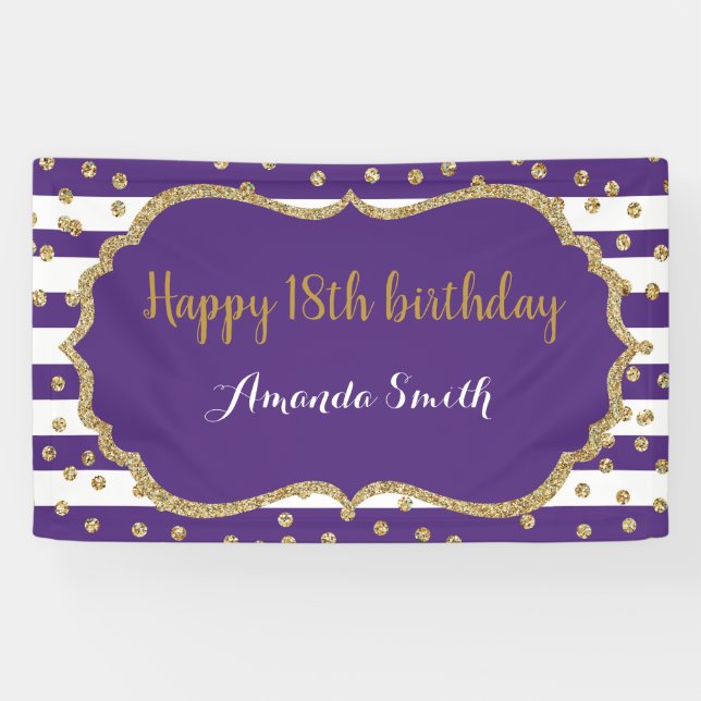 Happy 18th Birthday Banner Purple Gold Glitter (Horizontal)