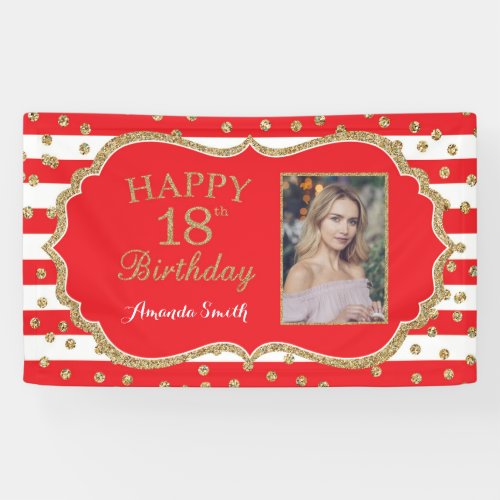 Happy 18th Birthday Banner Red Gold Glitter Photo Banner