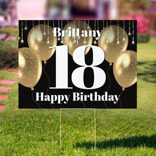 Happy 18th Birthday Black Gold Balloons Bold Yard Sign