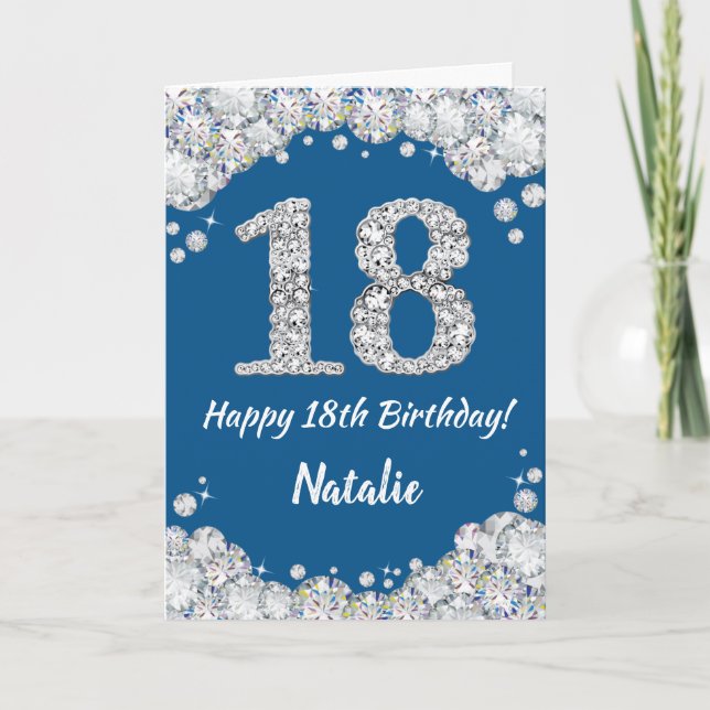 Happy 18th Birthday Blue and Silver Glitter Card (Front)